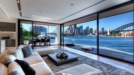 Naklejka premium Modern Living Room with Stunning Cityscape View