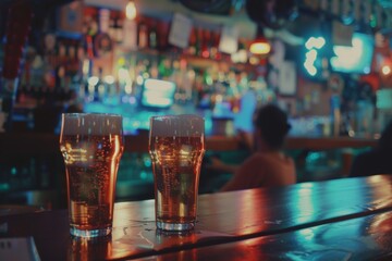 Two cold pints of beer at a lively bar