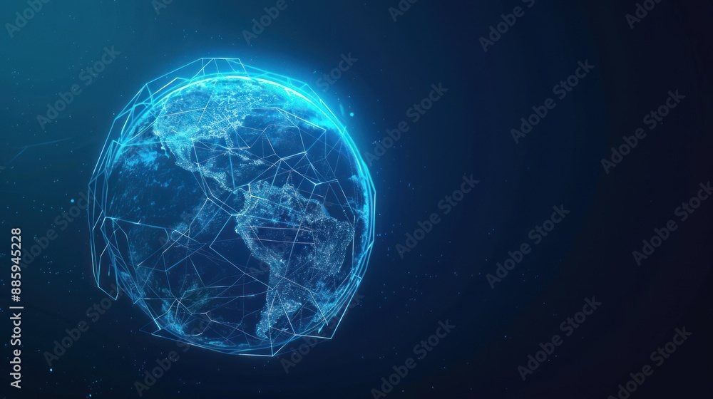 Poster futuristic globe with abstract connected lines and blue neon color isolated on dark background
