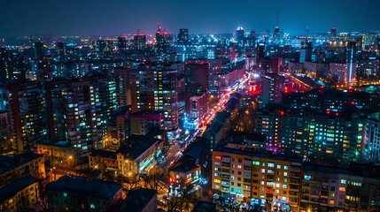 Night View of a City Skyline with Lights