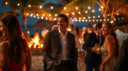 businesspeople celebrating at beach party