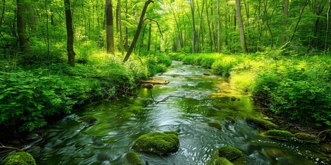 Fototapeta premium Lush Green Forest with Sunlight Filtering Through the Trees, Symbolizing Nature Conservation, Habitat Awareness, and Afforestation Efforts.