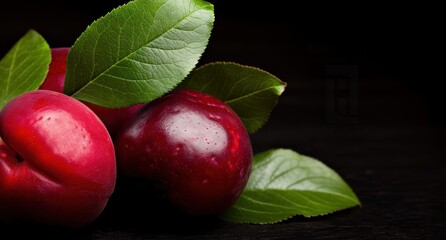 Ripe red apples with green leaves on a dark background