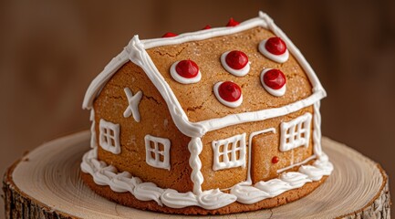 gingerbread house with white icing and red candies