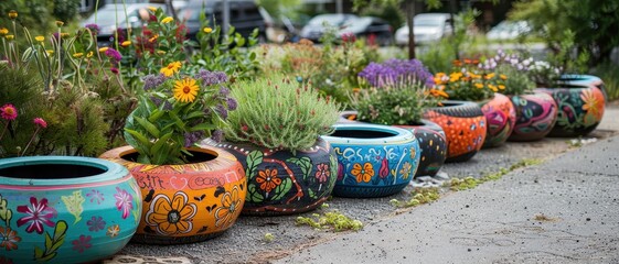 Fototapeta premium A row of colorful flower pots are lined up on a sidewalk