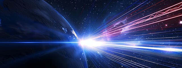 A beam light shining across, creating streaks and lines in blue, white, red colors. The background is dark with stars scattered around. 