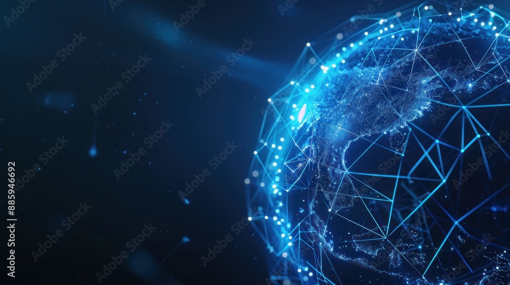Poster futuristic globe with abstract connected lines and blue neon color on dark background