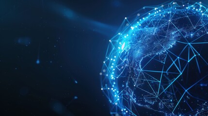 Futuristic globe with abstract connected lines and blue neon color on dark background