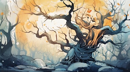 Spooky haunted tree, twisted branches, glowing eyes, Watercolor style