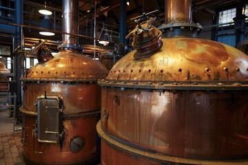 Naklejka premium Large copper stills are fermenting mash, getting ready to make alcohol at a distillery