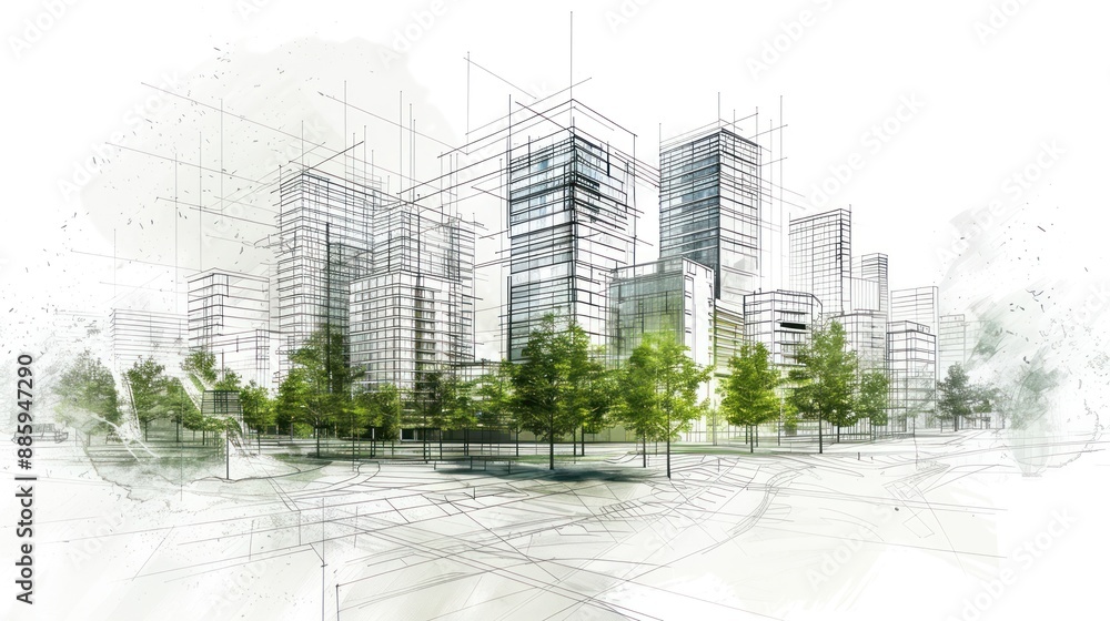 Aufkleber drawing 3d architecture city building sketch lines with green tree on white background
