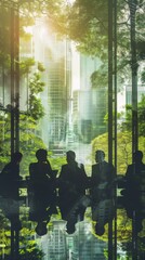 Modern Business Professionals in a Green and Eco-Friendly Urban Landscape, Symbolizing Sustainable Corporate Communication and Urban Living.