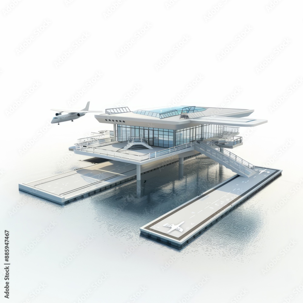 Poster 3d render of a floating airport terminal with runway and floating dock, on isolated white background