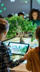 Fototapeta premium Innovative Modern Classroom: Students Engage with Augmented Reality Biology Lessons Featuring 3D Tree Models on Tablets.