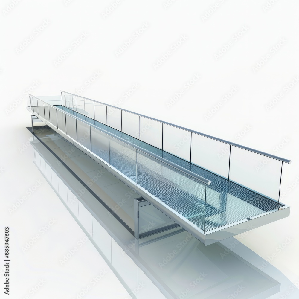 Poster 3d render of a floating bridge with transparent walkways and reflective surface, on isolated white b
