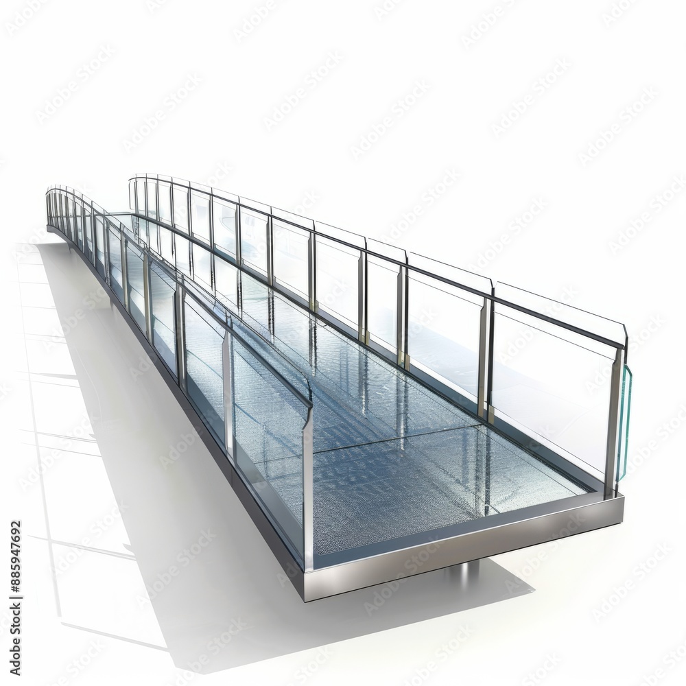 Poster 3d render of a floating bridge with transparent walkways and reflective surface, on isolated white b