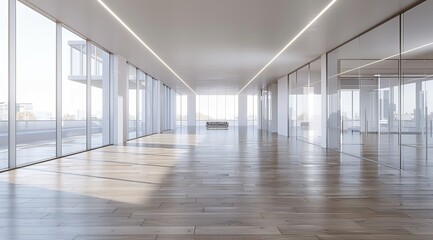Naklejka premium Modern Office Interior with Large Windows and Long White Walls: Featuring Polished Wooden Floor, White and Grey Color Scheme, High Ceilings, Glass Panel Doors.