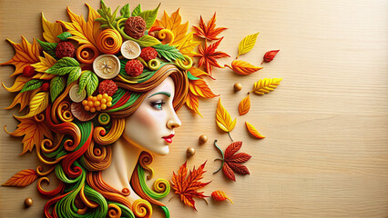 Autumn background with colorful leaves and woman's profile, perfect for seasonal promotions, nature-themed designs, and fall marketing campaigns