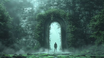 Fototapeta premium silhouette of a businessman walking through the big door