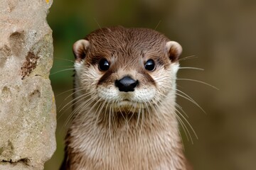 Cute otter peering out from rock