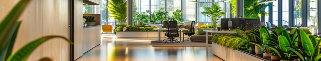 Fototapeta premium Contemporary Office Space Enhanced with Lush Greenery, Fostering Employee Health and Sustainable Corporate Environmental Practices.