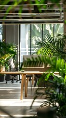 Fototapeta premium Modern Office Space with Lush Greenery, Promoting Employee Well-being and Sustainable Corporate Environmental Development.