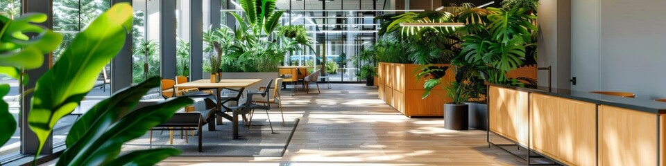 Fototapeta premium Modern Office Space with Lush Greenery, Promoting Employee Well-being and Sustainable Corporate Environmental Development.