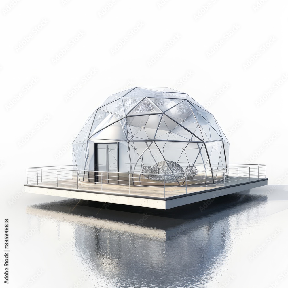 Poster 3D Render of a Floating Pavilion with Geodesic Dome and Reflective Facade, on isolated white background, Generative AI