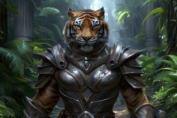 Fierce tiger warrior in enchanted jungle