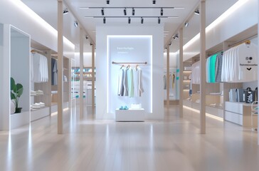 Modern clothing store interior with minimalist design, showcasing stylish apparel on display in a bright, open space with wooden elements.