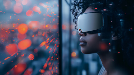 Individual with VR headset in a futuristic office, engaging with holographic data displays, city skyline through the window, sleek high-tech atmosphere.