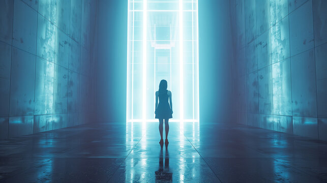 businesswoman standing in front of virtual door, business of future concept