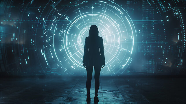 businesswoman standing in front of virtual door, business of future concept