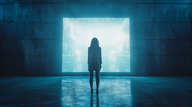 businesswoman standing in front of virtual door, business of future concept