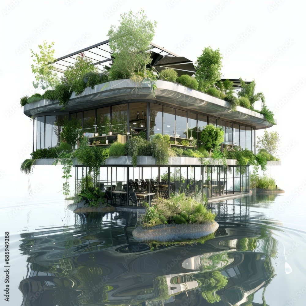 Poster 3d render of a floating restaurant with panoramic windows and floating gardens, on isolated white ba