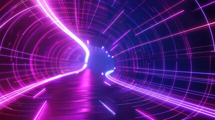 Futuristic abstract neon background depicting a space tunnel curving to the left, 