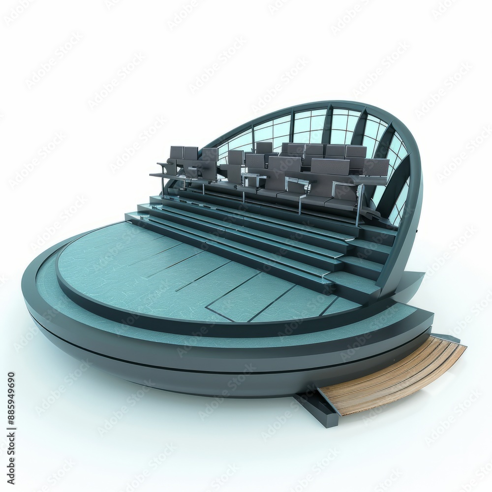 Poster 3d render of a floating theater with amphitheater seating and floating stage, on isolated white back
