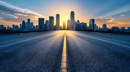 Fototapeta premium Empty Highway Leading to City Skyline at Sunset