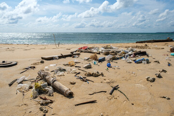 Beach in Thailand ruined by heavy plastic pollution. Ecological problem concept