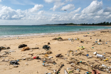 Beach in Thailand ruined by heavy plastic pollution. Ecological problem concept