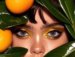 close-up portrait of a person with golden eye makeup surrounded by oranges and leaves