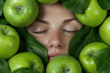 Green apples surround a person's face
