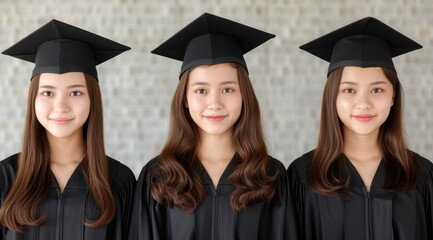 Smiling graduates in academic gowns and mortarboards