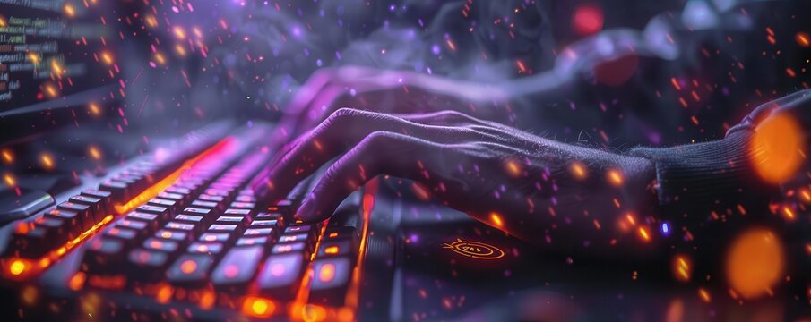 Closeup of a developers hands typing code on a keyboard illuminated by orange and purple lights