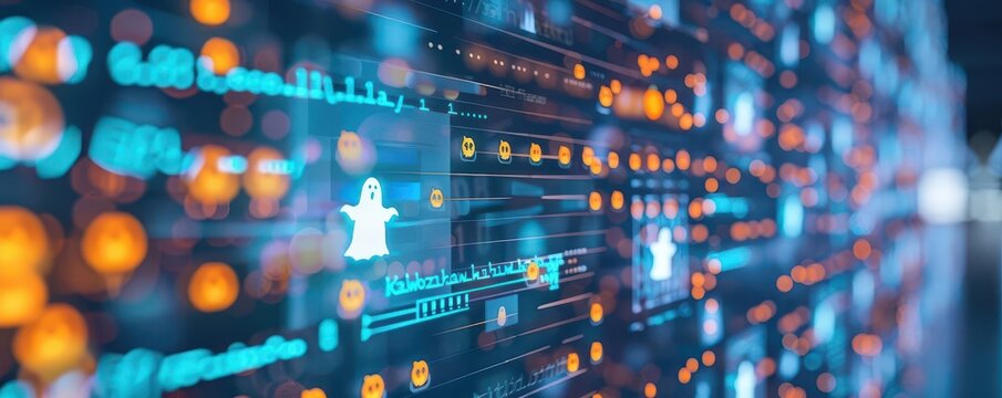 A computer screen displaying Halloweenthemed code with spooky icons like ghosts and pumpkins