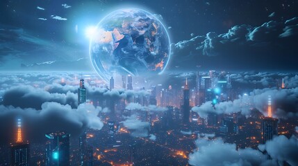 Obraz premium A rendering of the Earth seen from space, floating above a cityscape with glowing buildings and surrounded by clouds to represent global technology