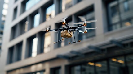 A close-up shot of a drone hovering above a modern office building's rooftop, releasing a package into a designated drop zone. The scene showcases the precision and efficiency of drone delivery