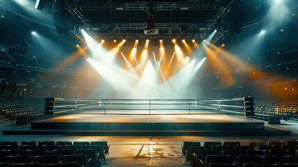 A dimly lit boxing stadium with a central boxing ring, surrounded by rows of empty seats and subtle spotlighting creating a dramatic atmosphere
