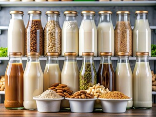 Assorted glass and plastic bottles of whole, skim, almond, soy, oat, and coconut milk occupy a well-stocked grocery store shelf in a colorful display.