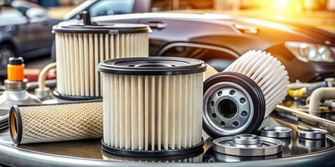 Sparkling white air filter and oil filter sit on a clean mechanic's background, surrounded by various car parts, emphasizing auto care and purification.